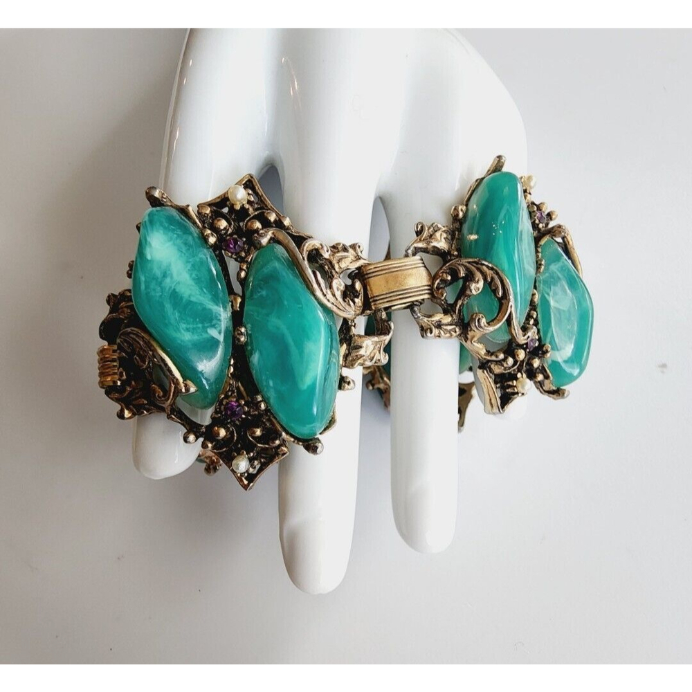 Vintage Art Nouveau Panel Ornate Bracelet Faux Green Cabochons Pearls